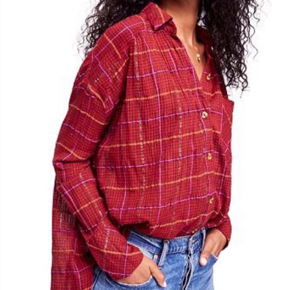 Free People Break My Stripe Plaid Shirt Red | Small